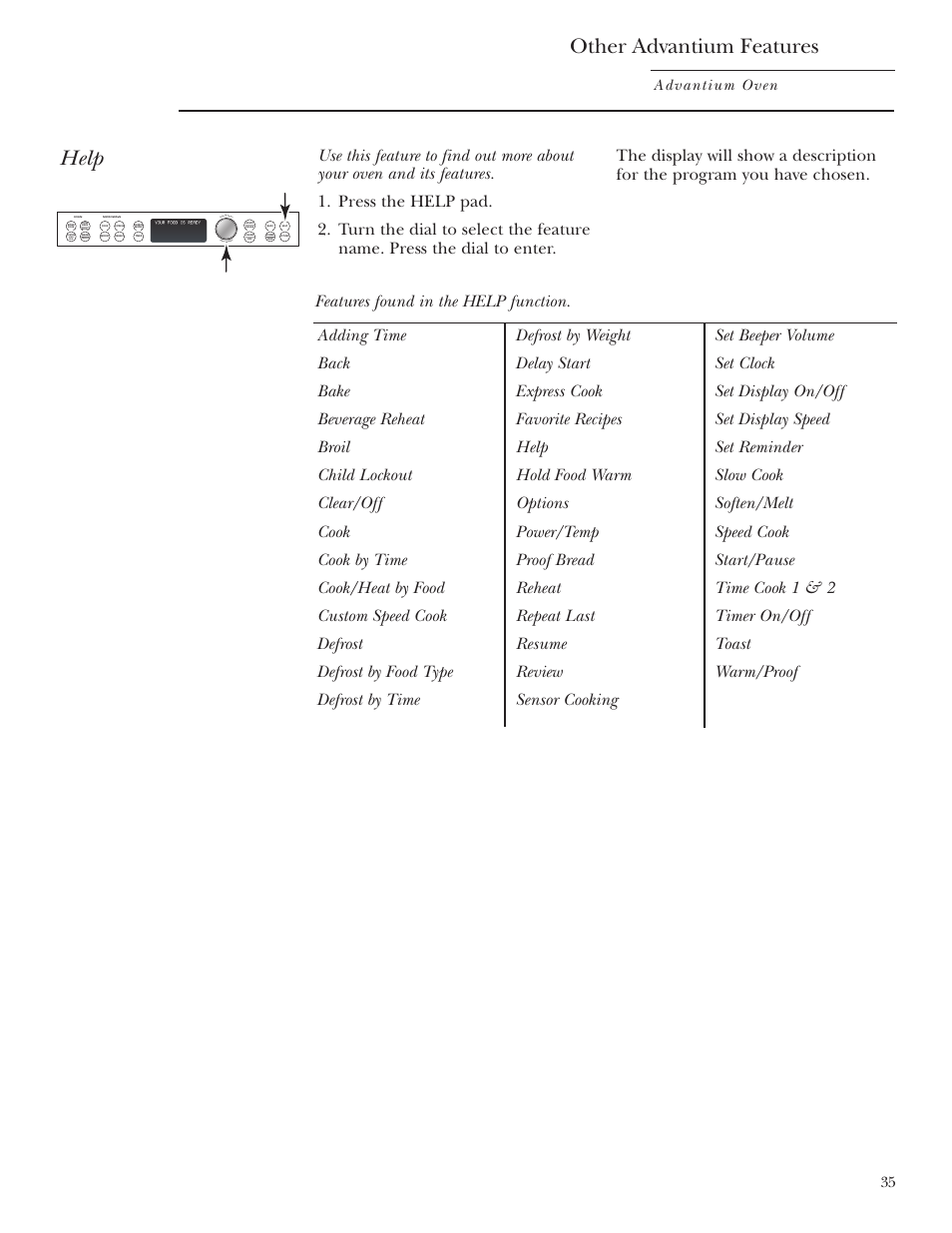 Help, Other advantium features | GE Monogram ZSC1000 User Manual | Page 35 / 44