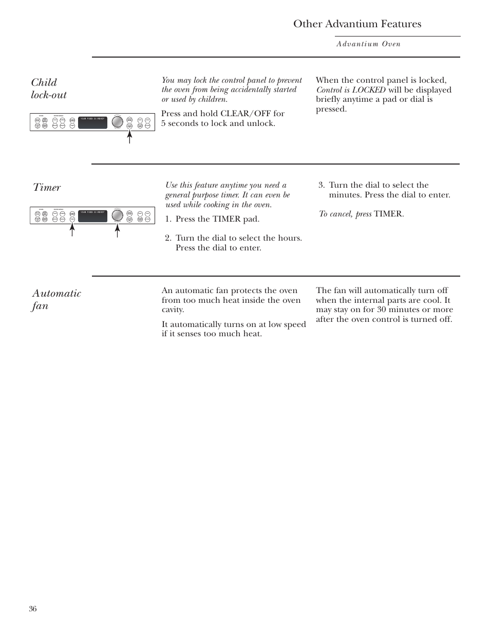 Automatic fan, Child lockout, Timer | Other advantium features, Child lock-out, Advantium oven, Speed cook tu rn to select pres s to ent er | GE Monogram ZSC1000 User Manual | Page 36 / 44
