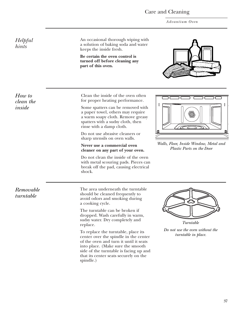 Cleaning the inside, Removable turntable | GE Monogram ZSC1000 User Manual | Page 37 / 44