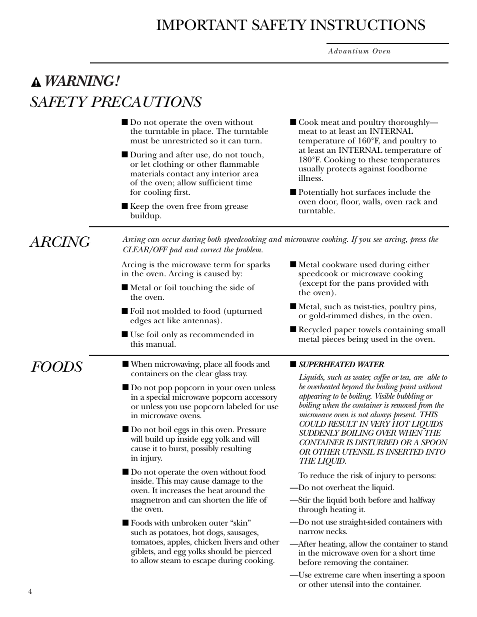 Warning, Safety precautions, Arcing | Important safety instructions, Foods | GE Monogram ZSC1000 User Manual | Page 4 / 44