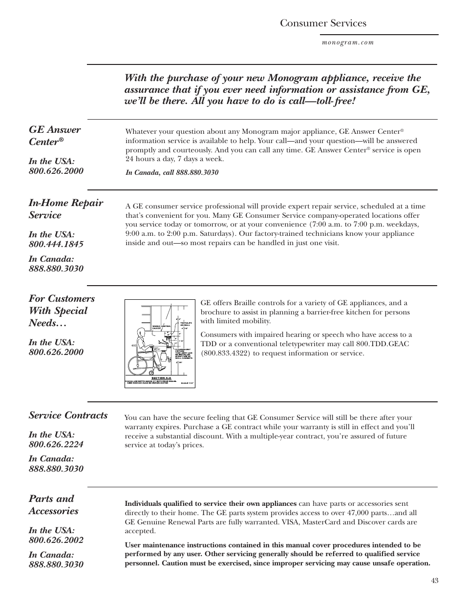 Service phone numbers, Consumer services, In-home repair service | Service contracts, Parts and accessories, For customers with special needs | GE Monogram ZSC1000 User Manual | Page 43 / 44