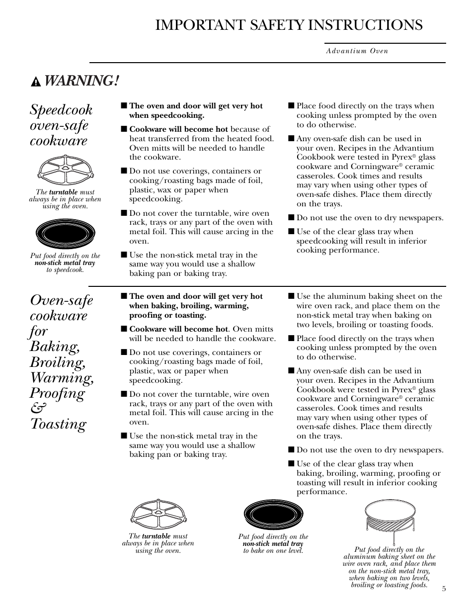 Speedcook-safe cookware, Warning, Speedcook oven-safe cookware | Important safety instructions | GE Monogram ZSC1000 User Manual | Page 5 / 44