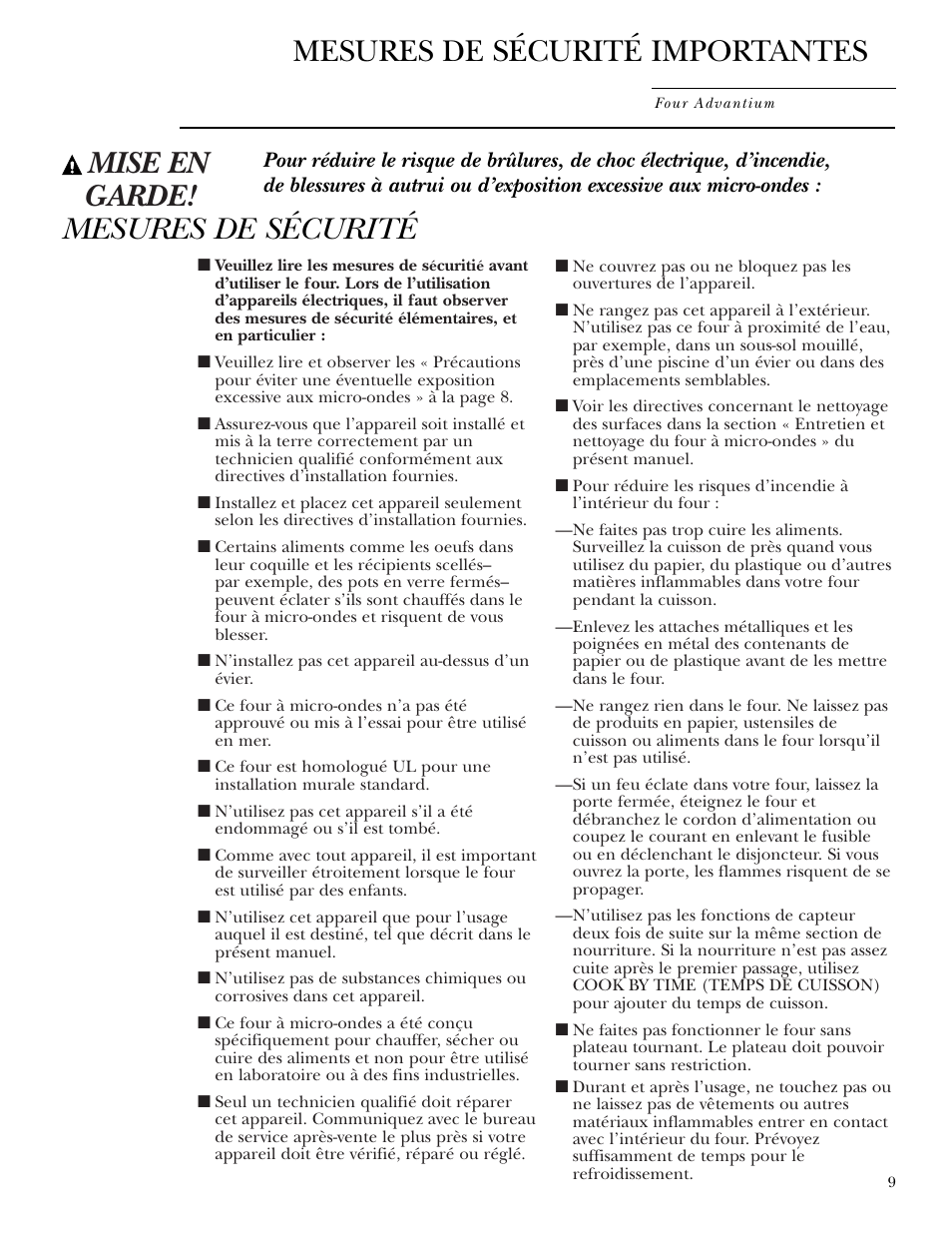 Mise en garde! mesures de sécurité, Mesures de sécurité importantes | GE Monogram ZSC1000 User Manual | Page 9 / 44