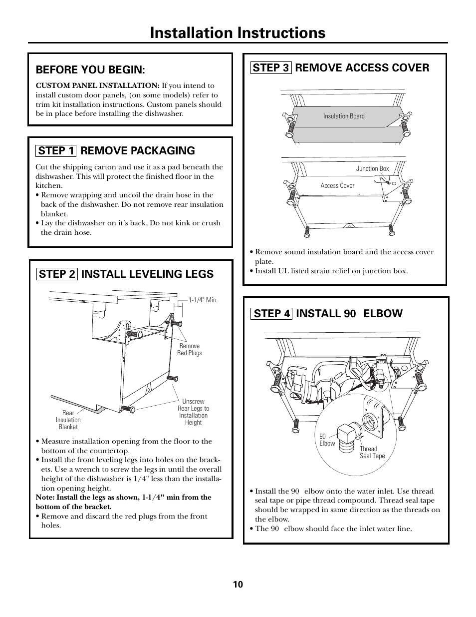 Installation instructions, Before you begin, Step 3 remove access cover | Step 4 install 90 ° elbow | GE Monogram ZBD7100 User Manual | Page 10 / 16