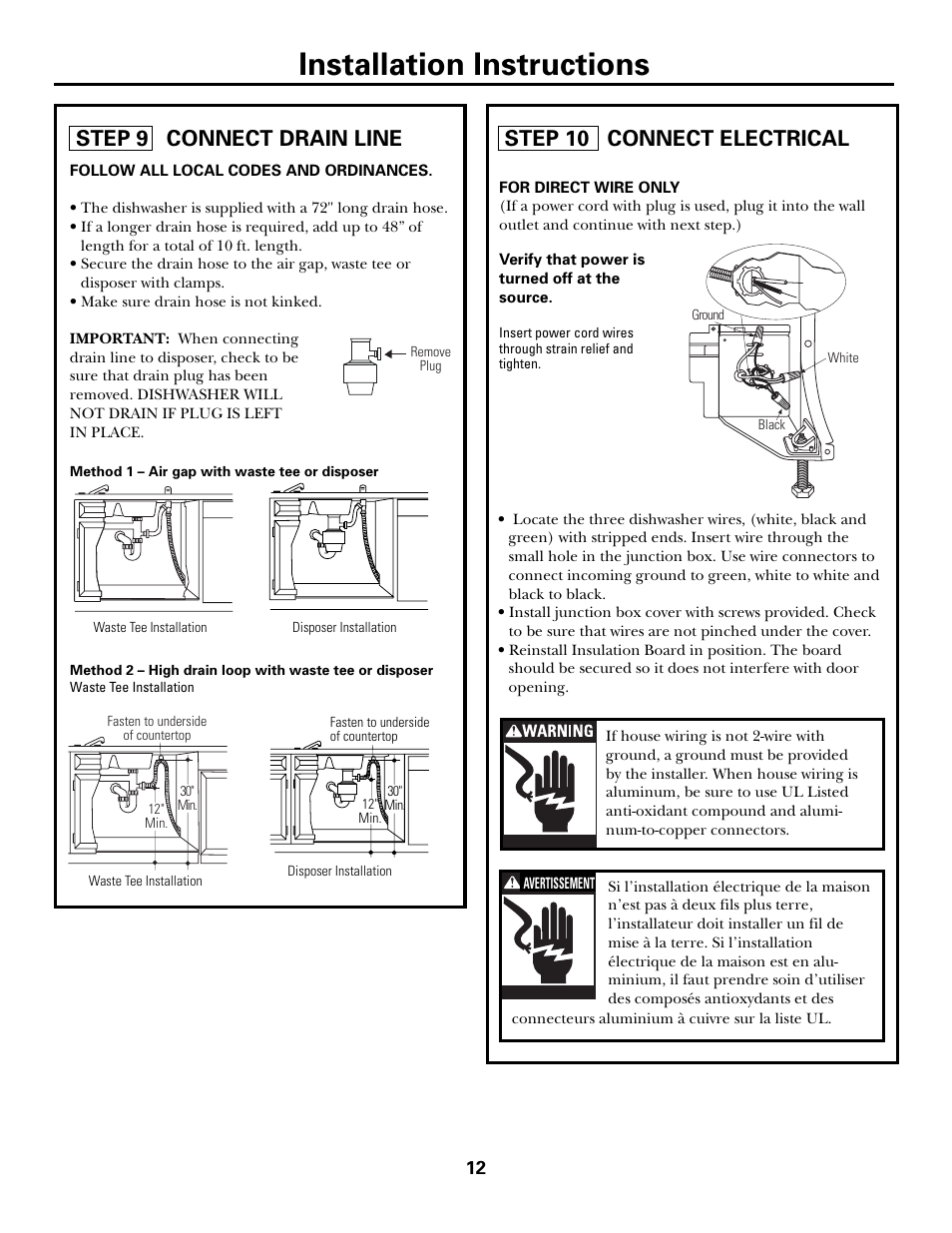 Installation instructions, Step 9 connect drain line, Step 10 connect electrical | GE Monogram ZBD7100 User Manual | Page 12 / 16