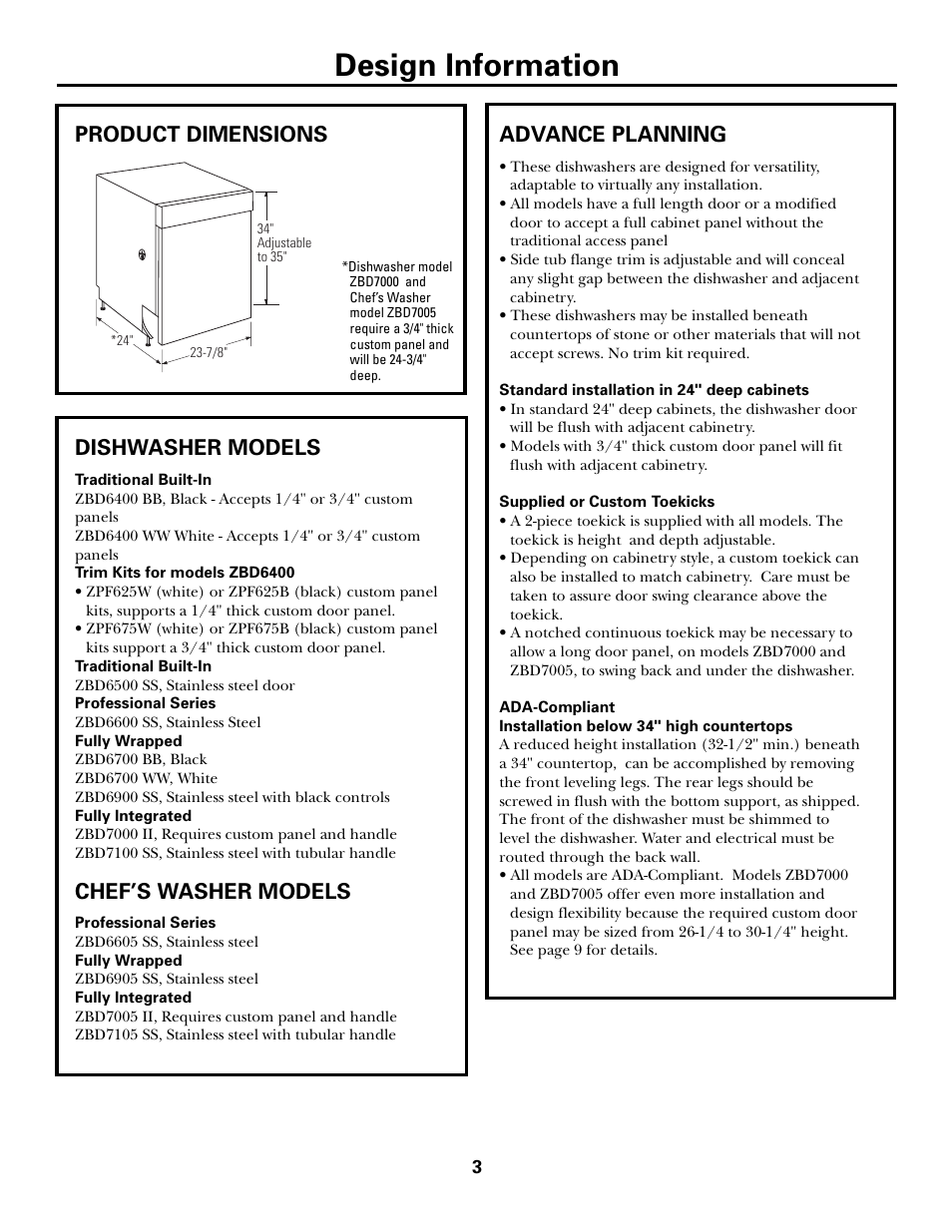 Design information, Advance planning, Product dimensions dishwasher models | Chef’s washer models | GE Monogram ZBD7100 User Manual | Page 3 / 16