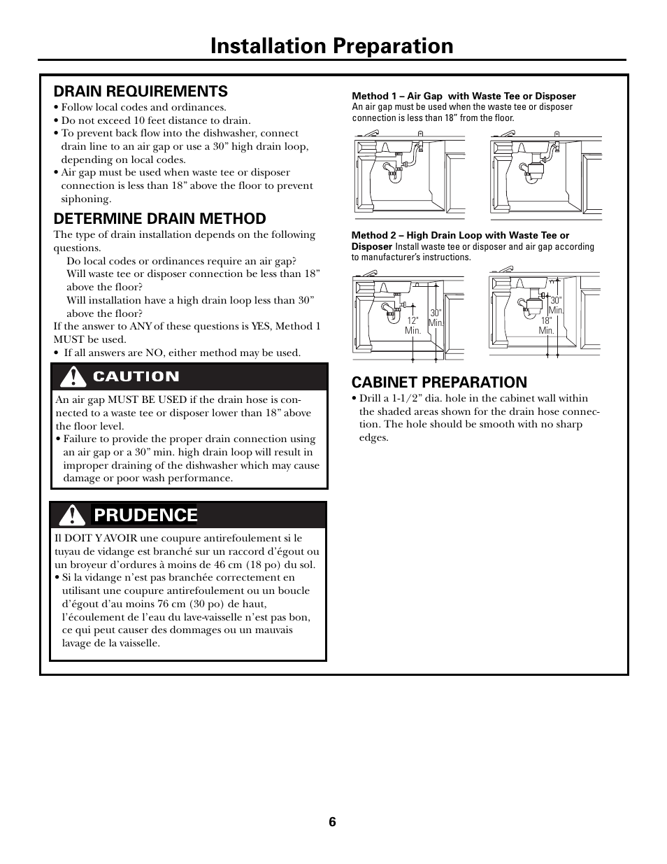 Installation preparation, Prudence, Drain requirements | Determine drain method, Cabinet preparation | GE Monogram ZBD7100 User Manual | Page 6 / 16