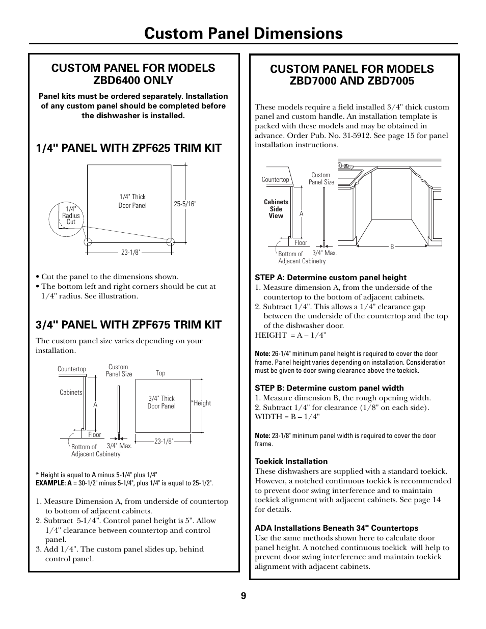 Custom panel dimensions, Custom panel for models zbd6400 only | GE Monogram ZBD7100 User Manual | Page 9 / 16