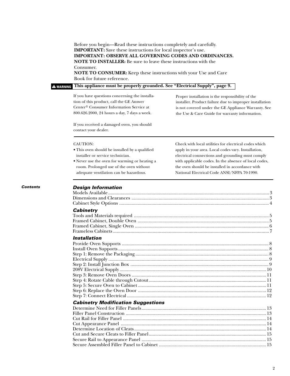 Ge monogram, Installation, Instructions | 30" convection built-in ovens, Models, Zet857syss, Zet857dysb, Zet857bybb, Zet857wyww, Zet837syss | GE Monogram ZET857SYSS User Manual | Page 2 / 16
