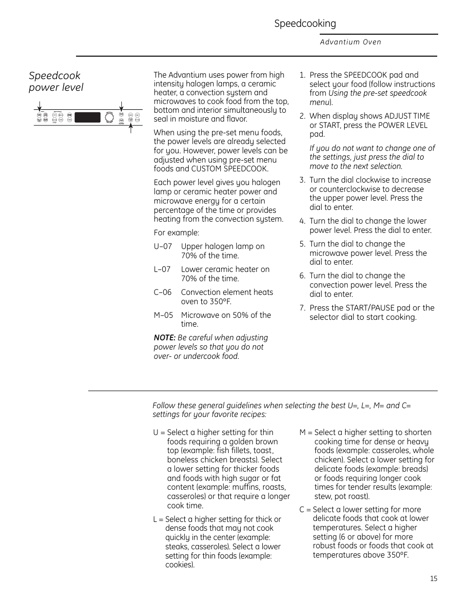 Power level, Speedcooking, Speedcook power level | GE Monogram ZSC2200 User Manual | Page 15 / 40