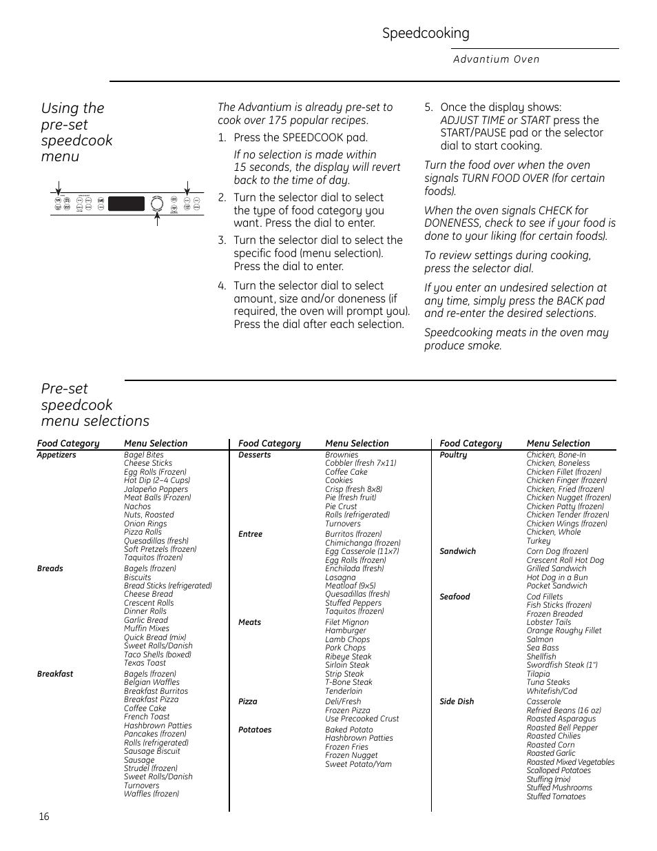 Using the pre-set speedcook menu, Speedcooking, Pre-set speedcook menu selections | GE Monogram ZSC2200 User Manual | Page 16 / 40