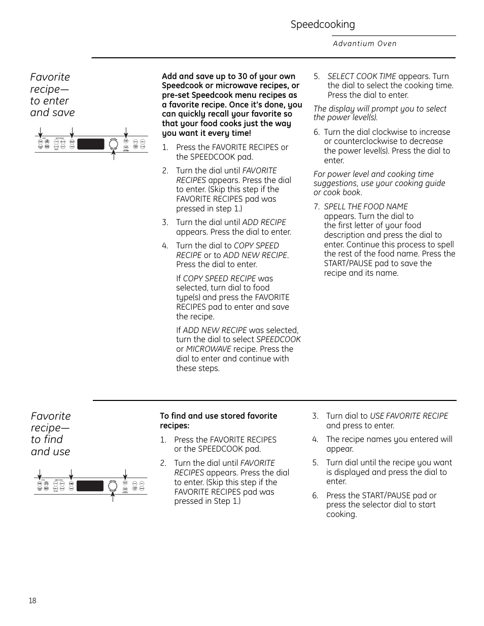 Favorite recipes, Favorite recipes , 19, Speedcooking | Favorite recipe— to enter and save, Favorite recipe— to find and use | GE Monogram ZSC2200 User Manual | Page 18 / 40