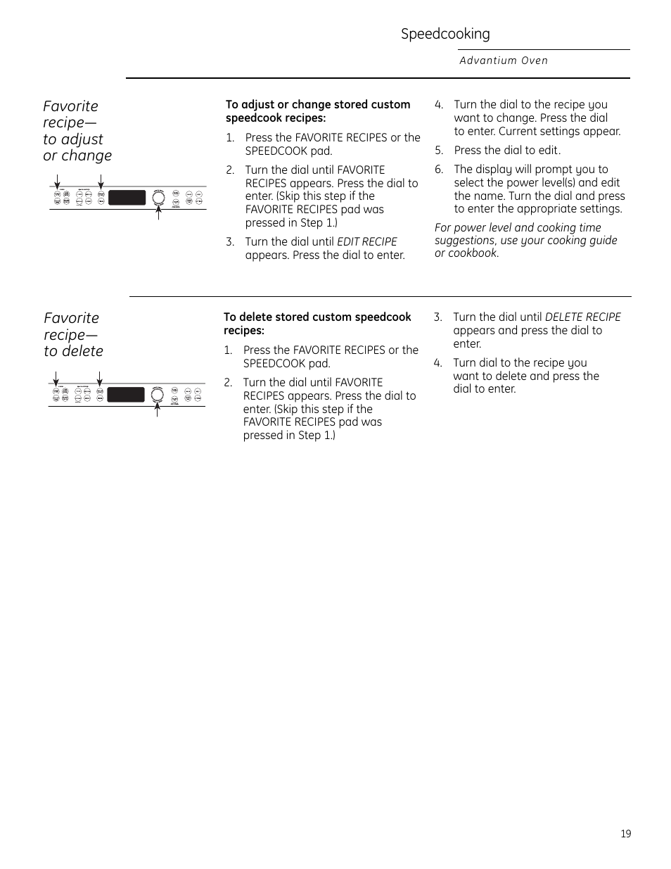 Speedcooking, Favorite recipe— to adjust or change, Favorite recipe— to delete | GE Monogram ZSC2200 User Manual | Page 19 / 40