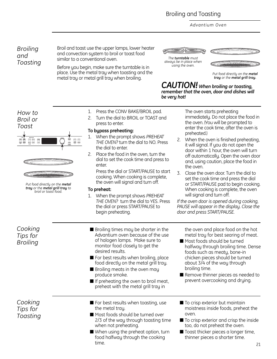 Broiling and toasting, Caution, How to broil or toast broiling and toasting | Cooking tips for broiling, Cooking tips for toasting | GE Monogram ZSC2200 User Manual | Page 21 / 40