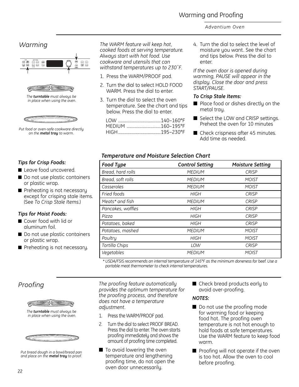 Warming and proofing, Warming, Proofing | GE Monogram ZSC2200 User Manual | Page 22 / 40