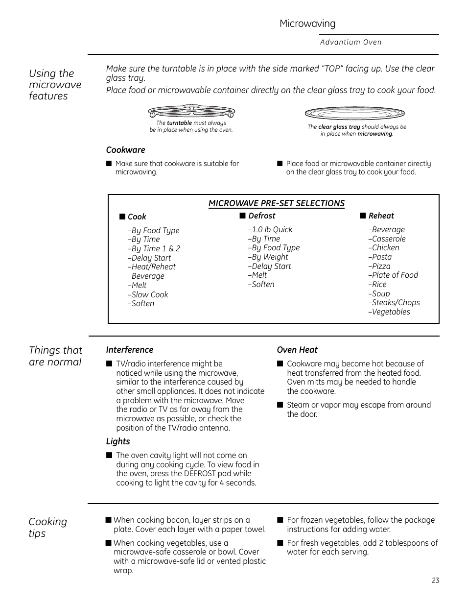 Cooking tips, Things that are normal, Microwaving | Using the microwave features | GE Monogram ZSC2200 User Manual | Page 23 / 40