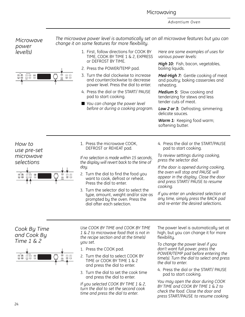 Cook by time, Microwave power level(s), Using pre-set microwave selections | Cook by time and cook by time 1 & 2, Microwaving, How to use pre-set microwave selections | GE Monogram ZSC2200 User Manual | Page 24 / 40