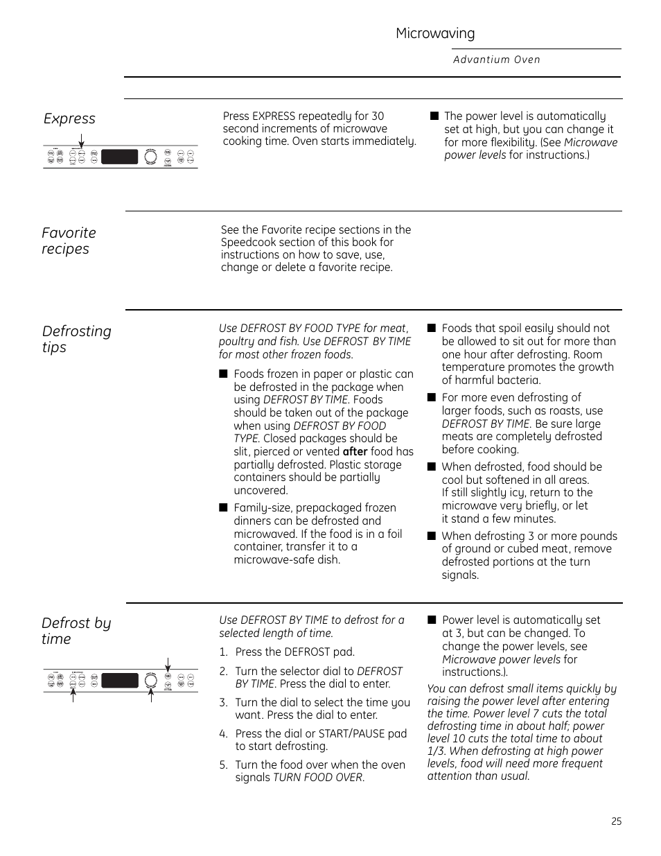 Defrost by time, Defrosting tips, Express | Favorite recipes, Microwaving, Favorite recipes defrosting tips | GE Monogram ZSC2200 User Manual | Page 25 / 40