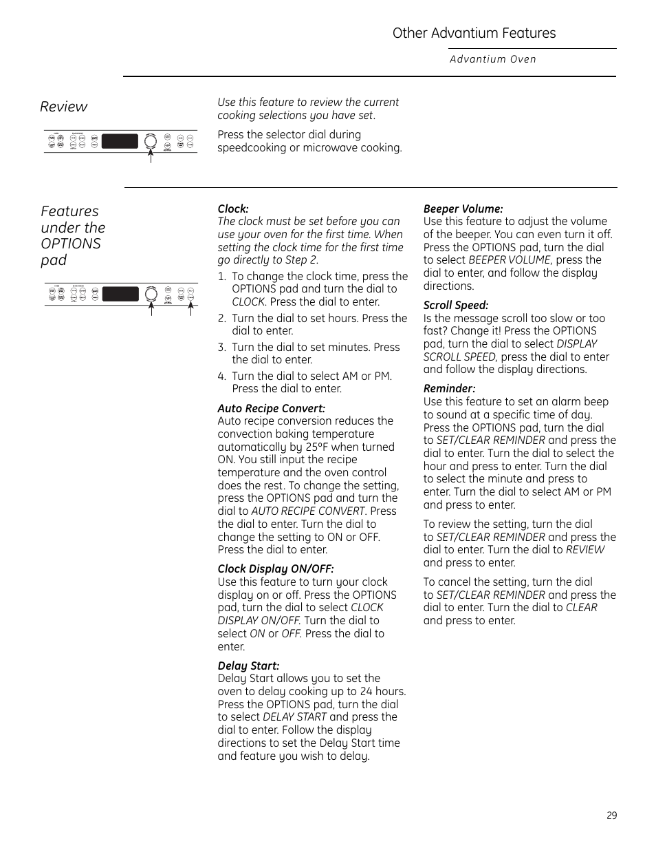 Auto recipe convert, Beeper volume, Clock | Delay start, Display on/off, Reminder, Review, Scroll speed, Auto recipe convert beeper volume, Delay start display on/off | GE Monogram ZSC2200 User Manual | Page 29 / 40