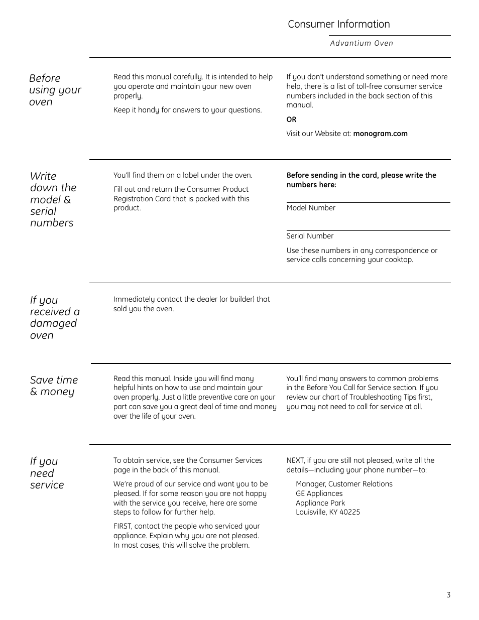 If you received a damaged oven, Save time & money, If you need service | Consumer information, Before using your oven, Write down the model & serial numbers | GE Monogram ZSC2200 User Manual | Page 3 / 40