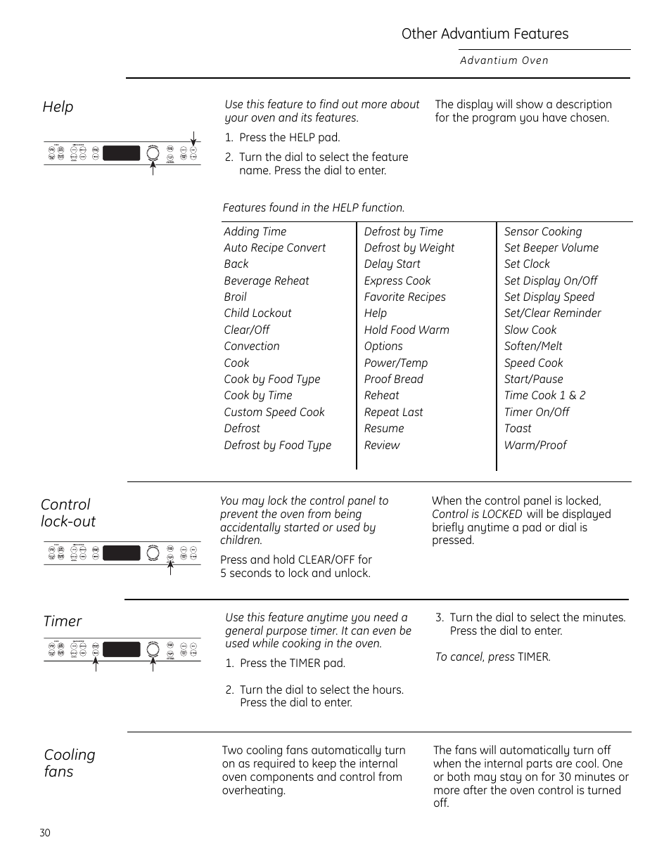 Automatic fans, Control lockout, Help | Timer | GE Monogram ZSC2200 User Manual | Page 30 / 40