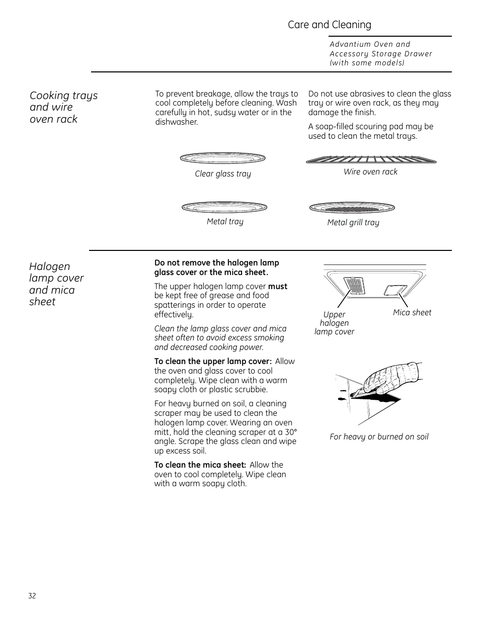 Cleaning the halogen lamps and mica sheet, Cooking trays and wire rack, Cooking trays and wire oven rack | Care and cleaning, Halogen lamp cover and mica sheet | GE Monogram ZSC2200 User Manual | Page 32 / 40