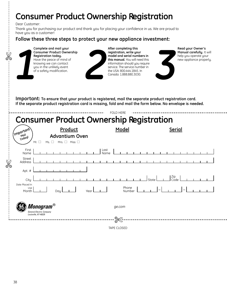 Consumer product ownership registration | GE Monogram ZSC2200 User Manual | Page 38 / 40