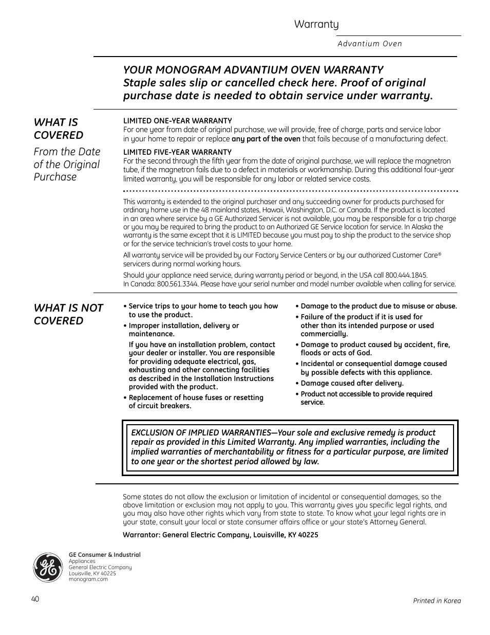 Warranty, What is not covered | GE Monogram ZSC2200 User Manual | Page 40 / 40