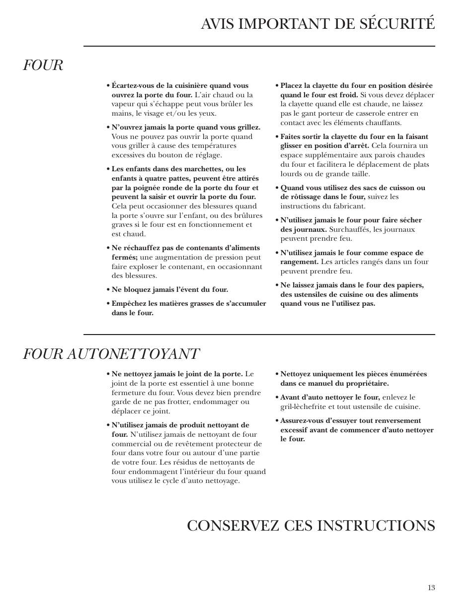Avis important de sécurité four, Four autonettoyant, Conservez ces instructions | GE Monogram ZDP36N4R User Manual | Page 13 / 44