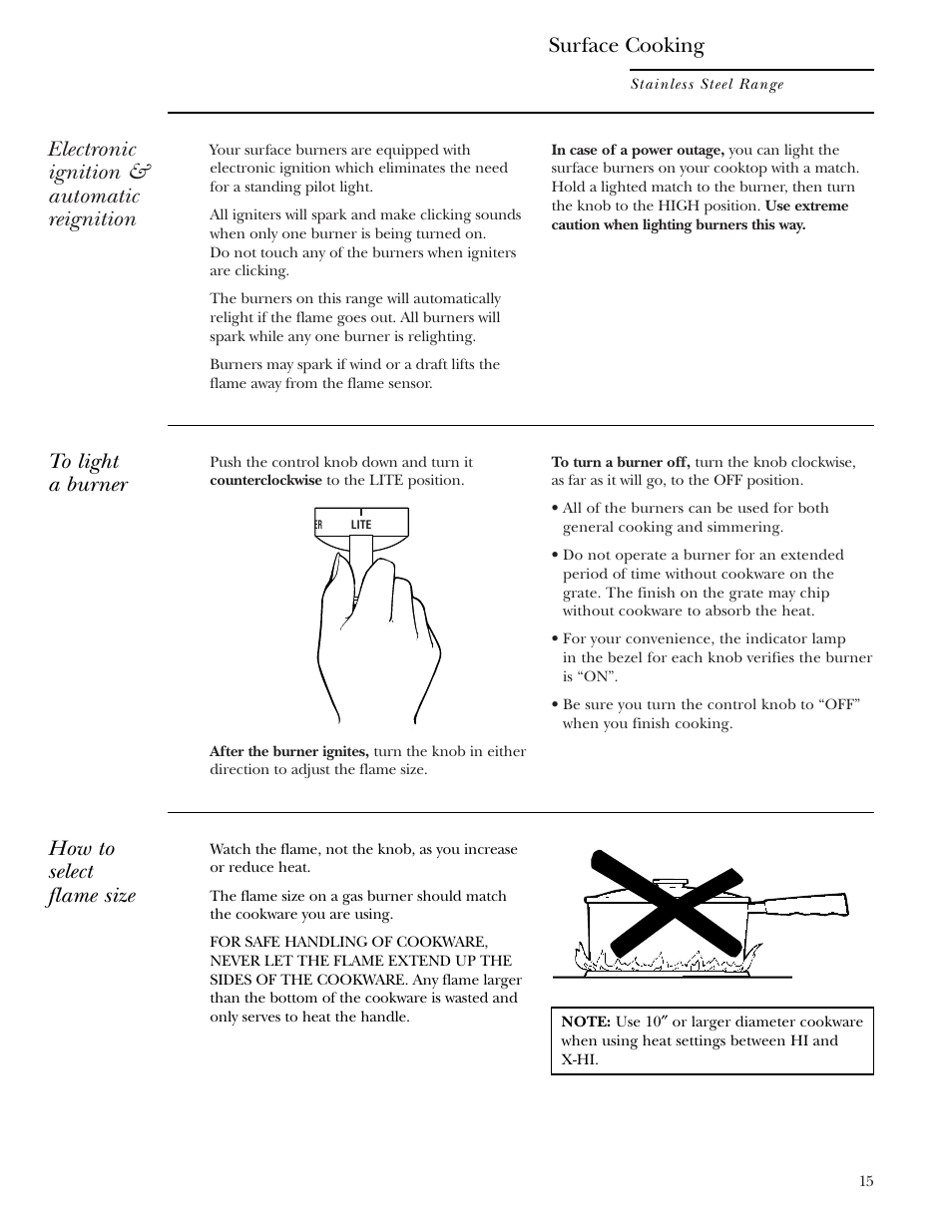 Burners, Electronic ignition & automatic reignition, How to select flame size | Surface cooking | GE Monogram ZDP36N4R User Manual | Page 15 / 44