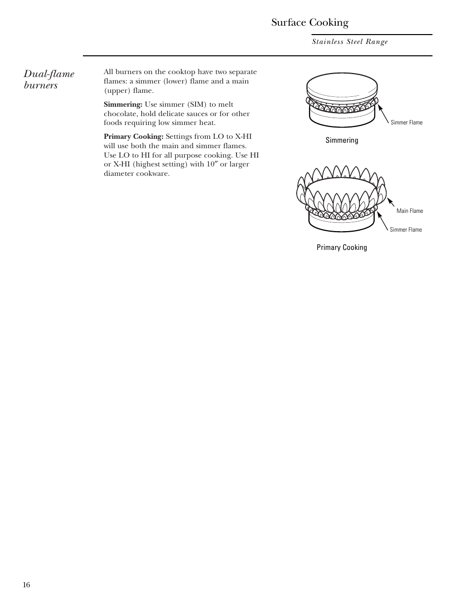 Dual-flame burners, Surface cooking | GE Monogram ZDP36N4R User Manual | Page 16 / 44