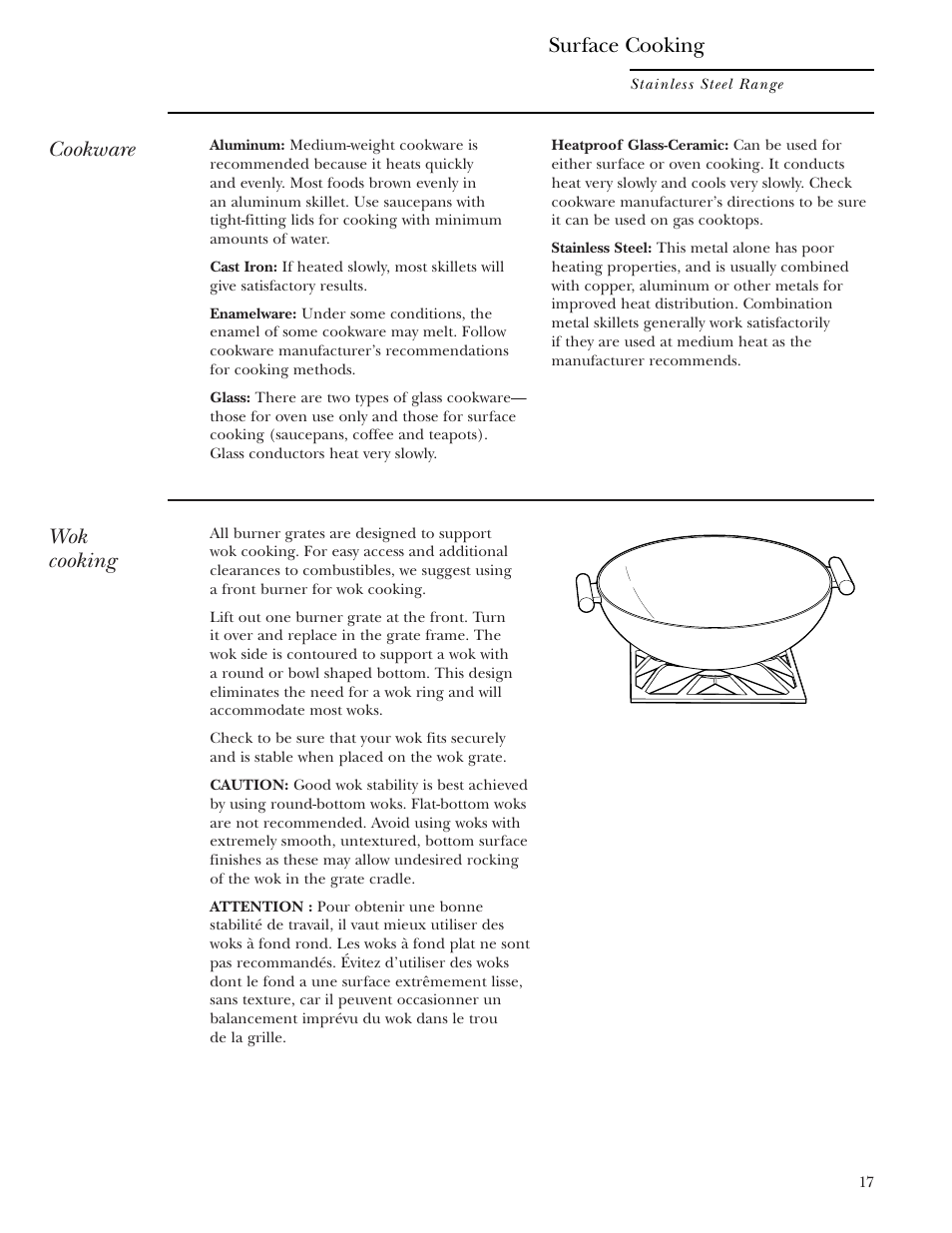 Cookware, Wok cooking, Surface cooking | GE Monogram ZDP36N4R User Manual | Page 17 / 44