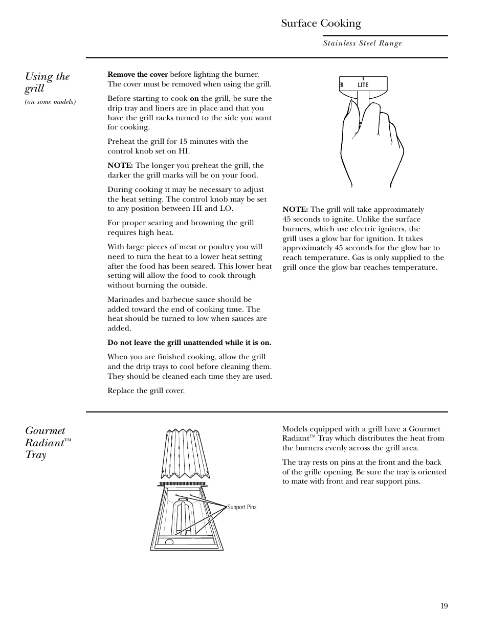 Using the grill, Gourmet radiant, Tray | Surface cooking | GE Monogram ZDP36N4R User Manual | Page 19 / 44
