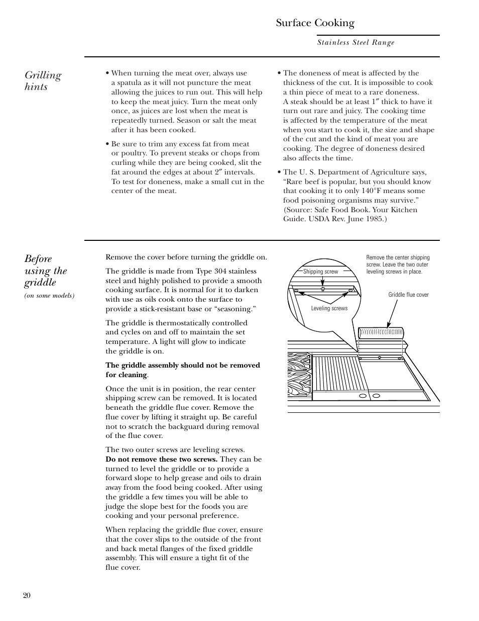 Griddle, Grilling hints, Before using the griddle | Surface cooking | GE Monogram ZDP36N4R User Manual | Page 20 / 44