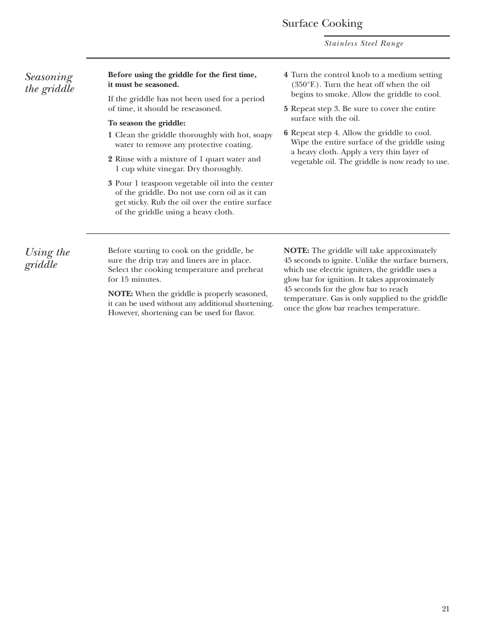 Seasoning the griddle, Using the griddle, Surface cooking | GE Monogram ZDP36N4R User Manual | Page 21 / 44