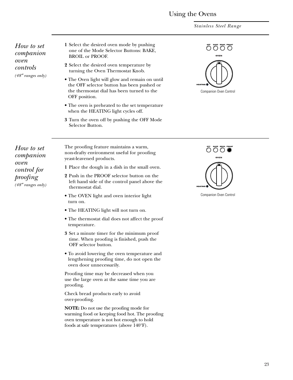 Proofing, How to set companion oven control for proofing, How to set companion oven controls | Using the ovens | GE Monogram ZDP36N4R User Manual | Page 23 / 44