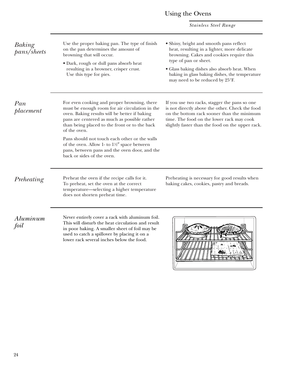 Baking pans/sheets, Pan placement, Preheating | Aluminum foil, Using the ovens | GE Monogram ZDP36N4R User Manual | Page 24 / 44