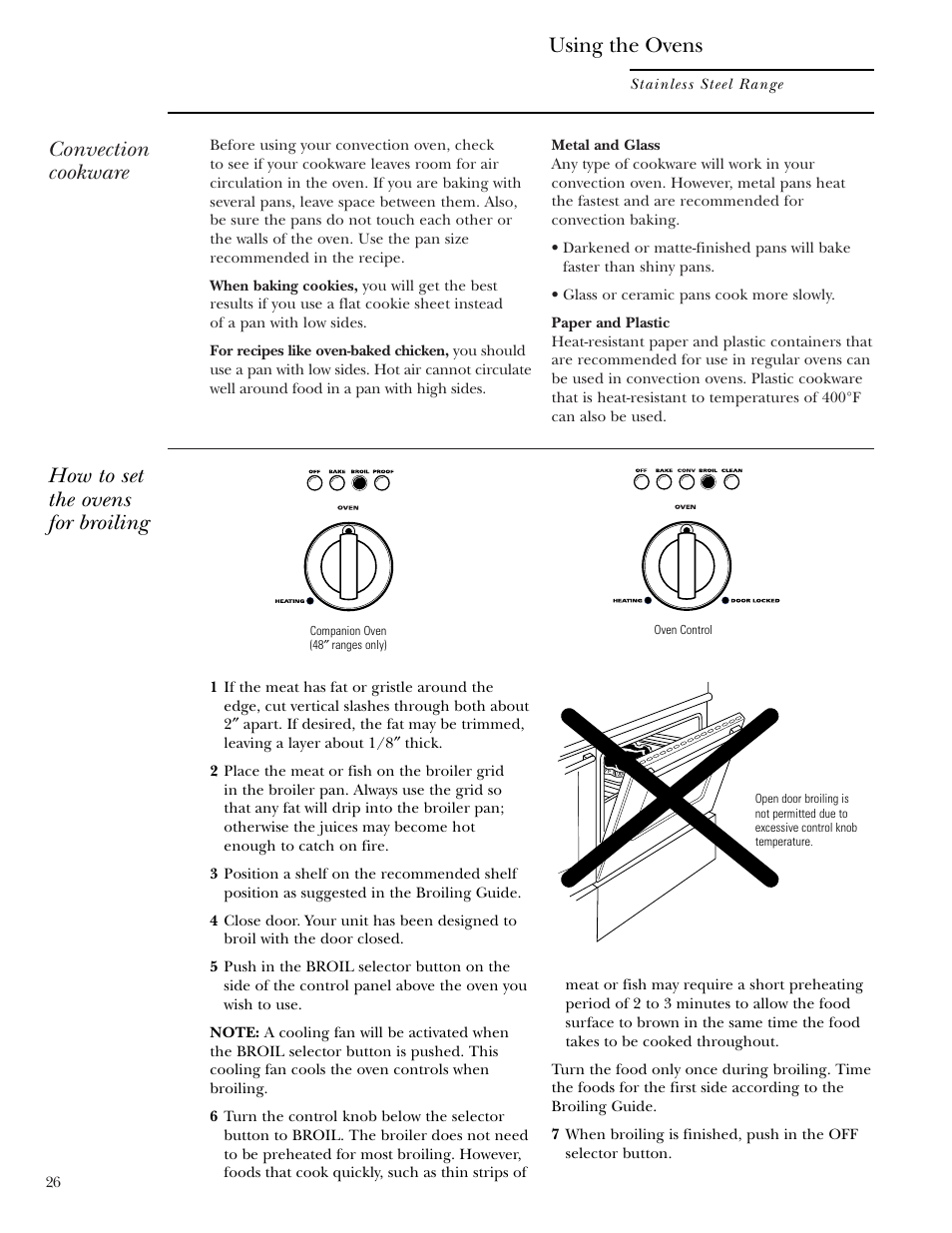 Broiling/broiling guide, Convection cookware, How to set the ovens for broiling | Using the ovens | GE Monogram ZDP36N4R User Manual | Page 26 / 44