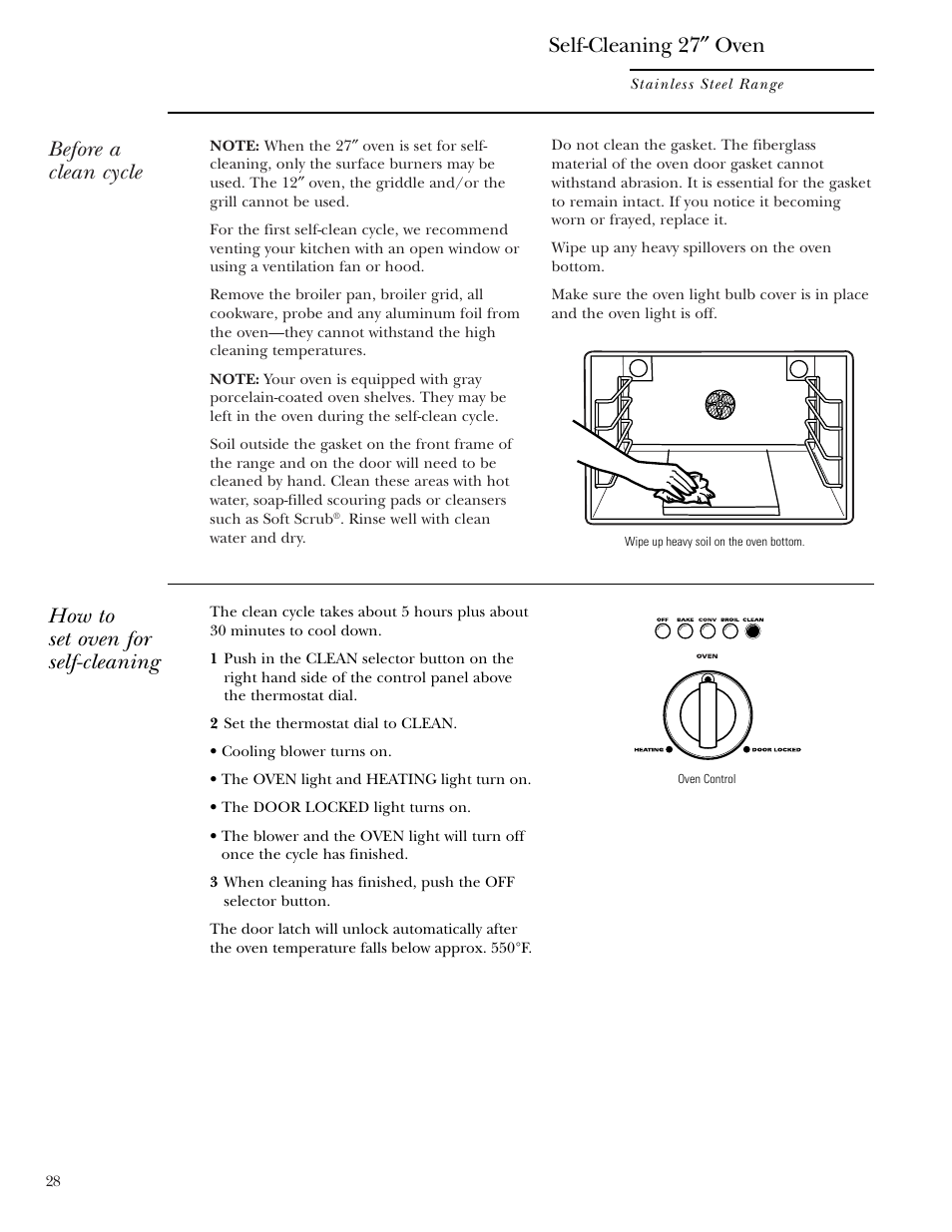 Self-cleaning instructions, Before a clean cycle, How to set oven for self-cleaning | Self-cleaning 27 ″ oven | GE Monogram ZDP36N4R User Manual | Page 28 / 44