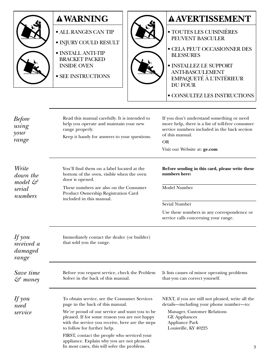 Model and serial number, Product registration, Warning | Avertissement, Write down the model & serial numbers, If you received a damaged range, Save time & money, If you need service, Before using your range | GE Monogram ZDP36N4R User Manual | Page 3 / 44