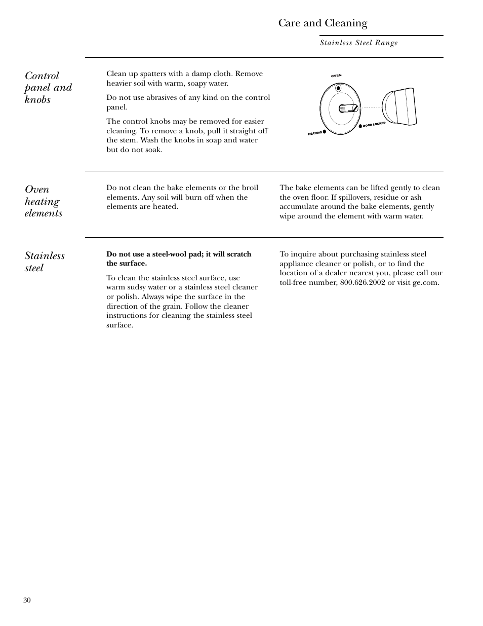 Control panel and knobs, Oven heating elements, Stainless steel | Care and cleaning | GE Monogram ZDP36N4R User Manual | Page 30 / 44