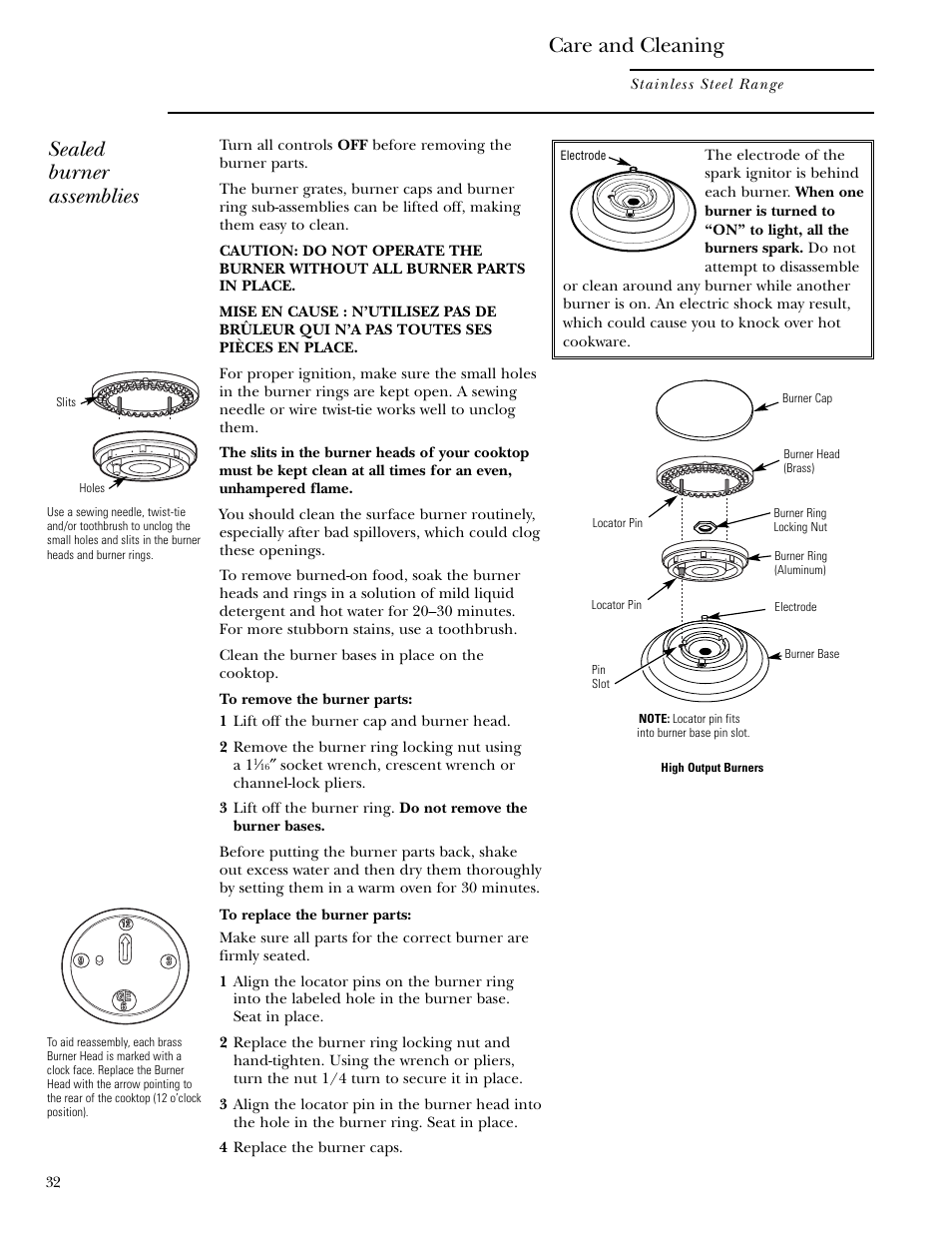 Sealed burner assemblies, Care and cleaning | GE Monogram ZDP36N4R User Manual | Page 32 / 44