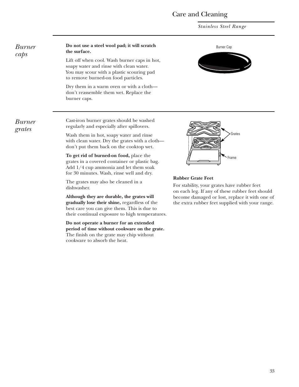 Burner caps, Burner grates, Care and cleaning | GE Monogram ZDP36N4R User Manual | Page 33 / 44