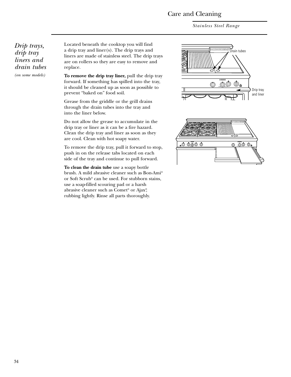 Drip trays, liners and drain tubes, Drip trays, drip tray liners and drain tubes, Care and cleaning | GE Monogram ZDP36N4R User Manual | Page 34 / 44