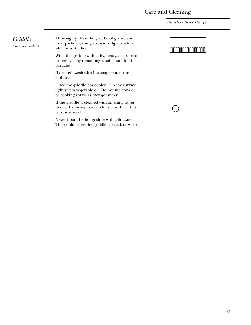 Griddle, Care and cleaning | GE Monogram ZDP36N4R User Manual | Page 35 / 44