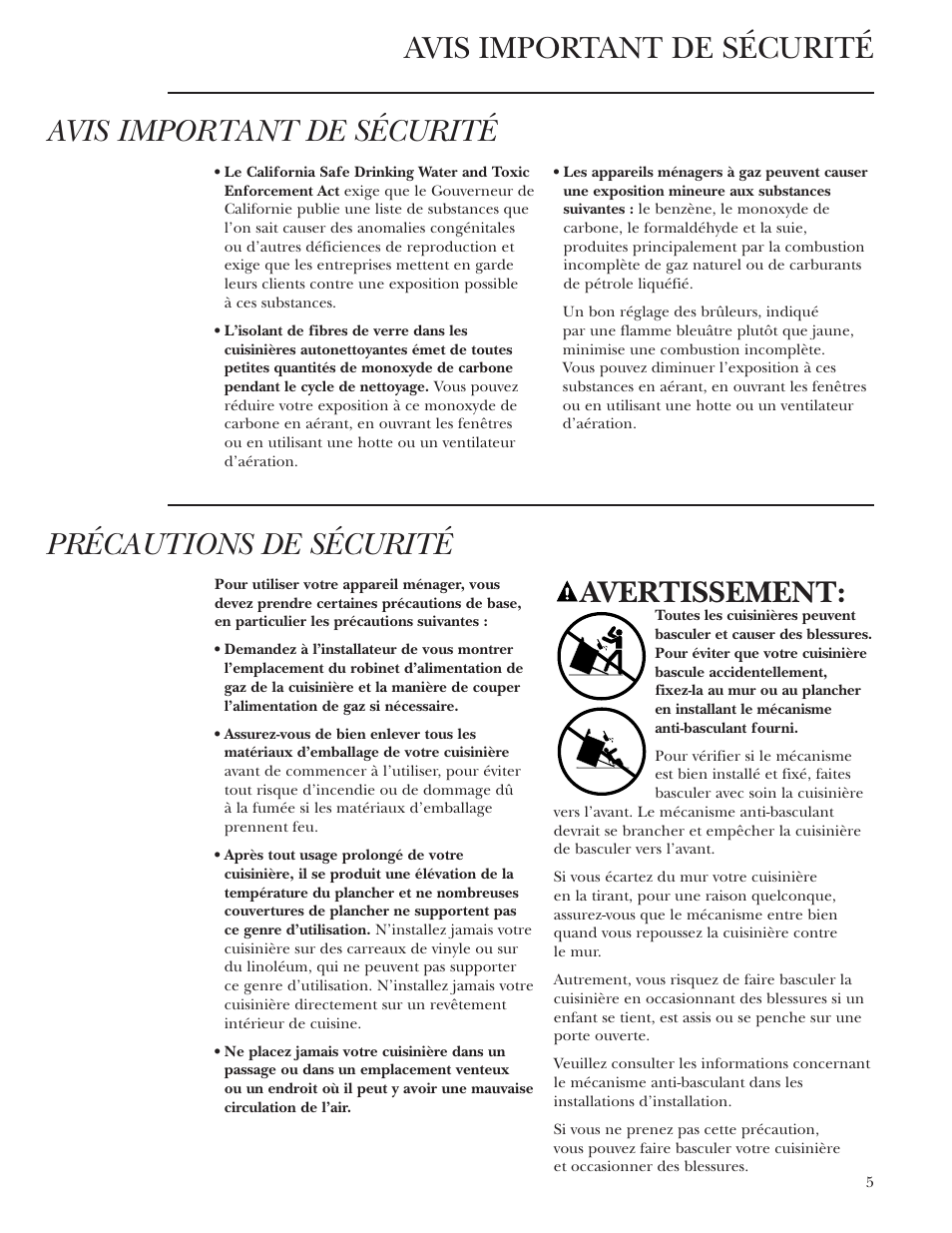 Avis important de sécurité, Précautions de sécurité, Avertissement | GE Monogram ZDP36N4R User Manual | Page 5 / 44