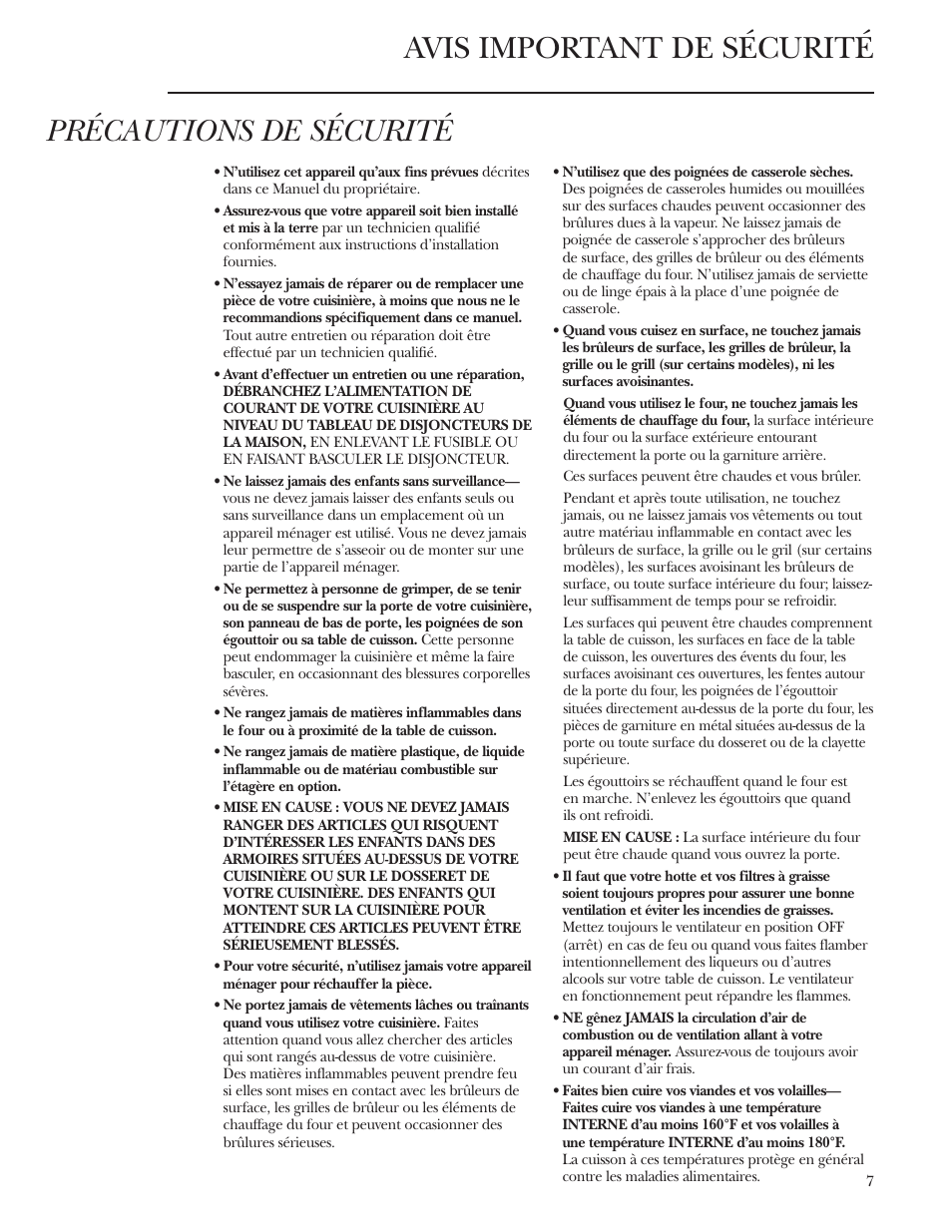 Avis important de sécurité précautions de sécurité | GE Monogram ZDP36N4R User Manual | Page 7 / 44