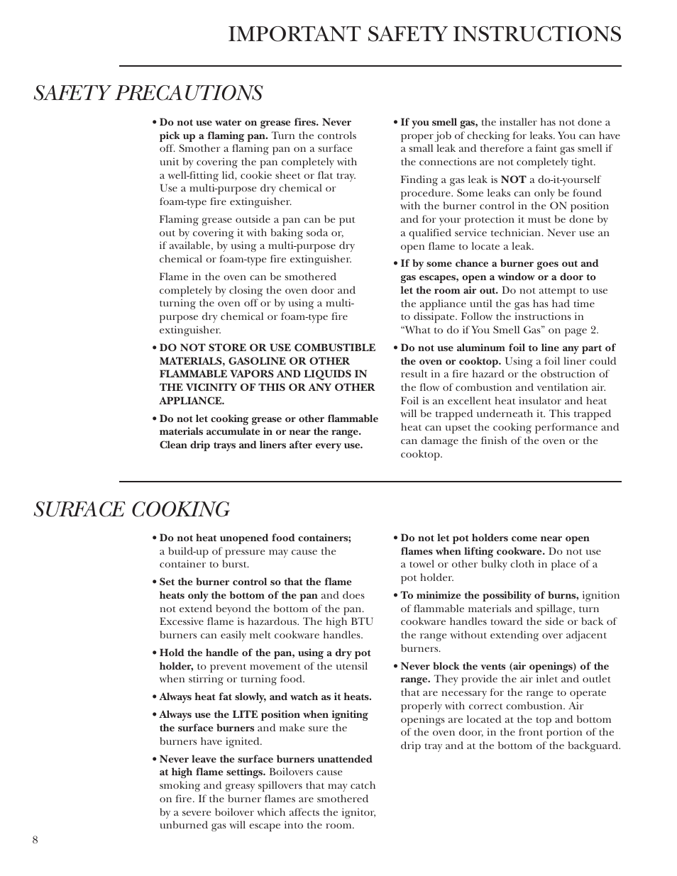 Aluminum foil, Important safety instructions safety precautions, Surface cooking | GE Monogram ZDP36N4R User Manual | Page 8 / 44