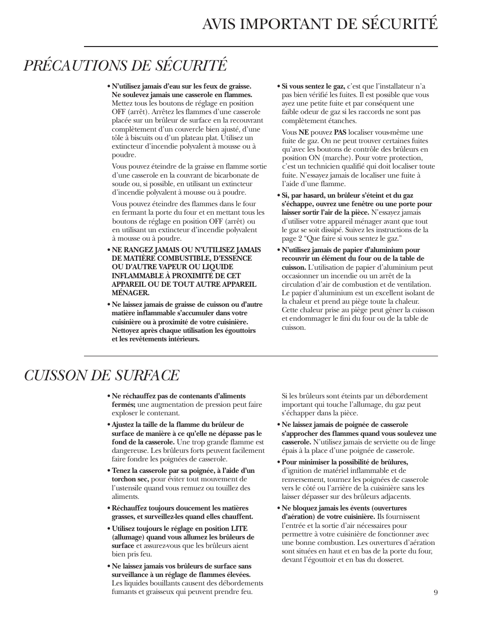 Avis important de sécurité précautions de sécurité, Cuisson de surface | GE Monogram ZDP36N4R User Manual | Page 9 / 44