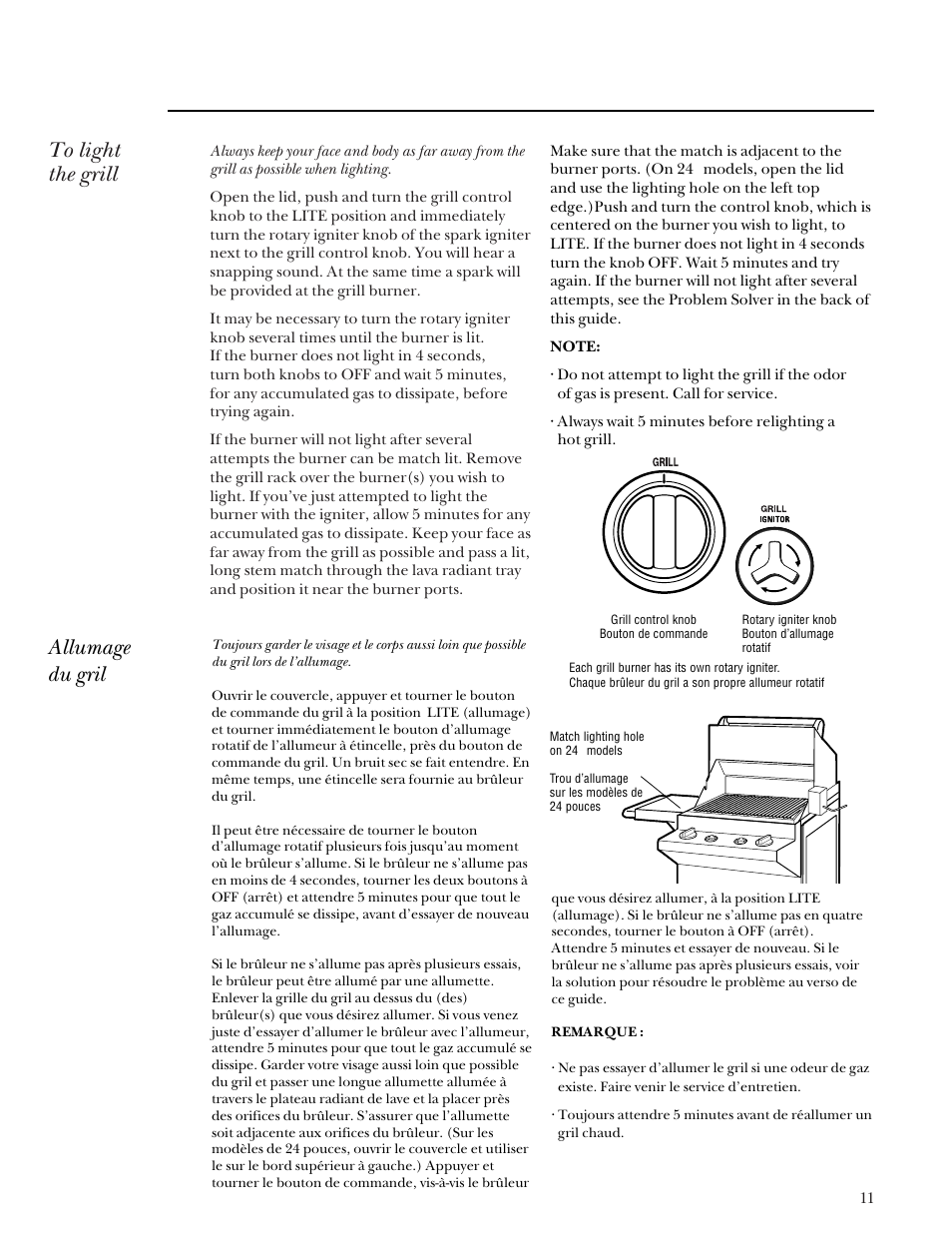 Lighting the grill, Allumage du gril | GE Monogram Gas Grill User Manual | Page 11 / 32